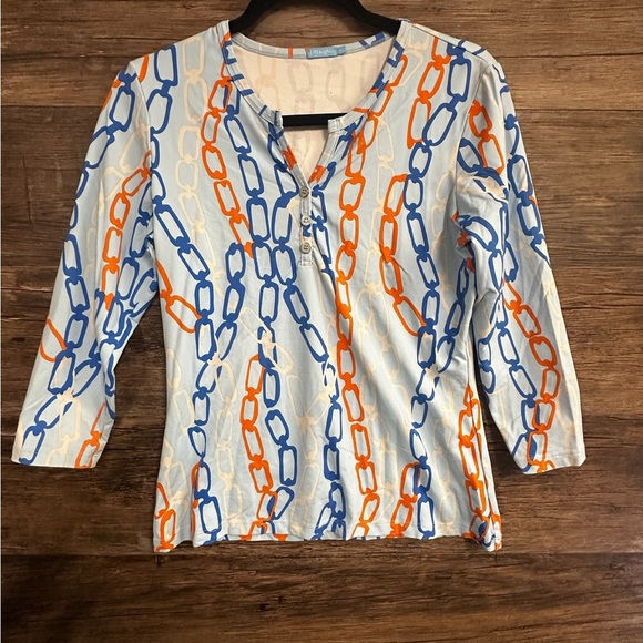 J. McLaughlin White and Blue Chain Link Mandarin Collar Blouse with 3/4 Sleeves - Picture 1 of 8